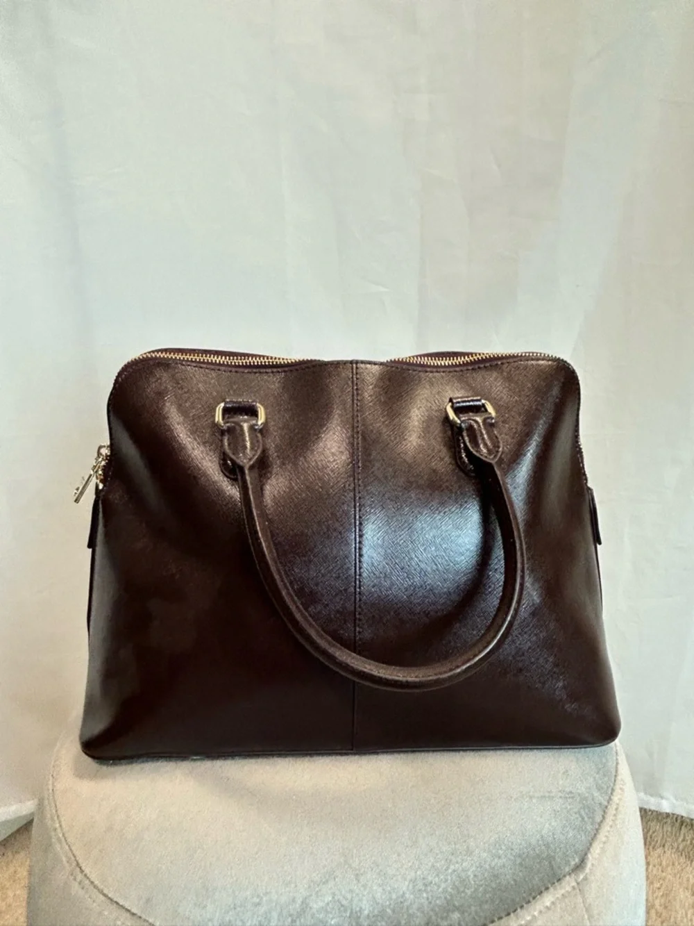 DKNY Dark Brown Saffiano Leather Satchel with Gold Plaque